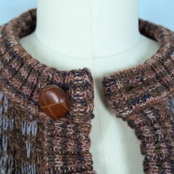 Vtg Wool Cardigan Sweater L Brown 90s Plaid Chunky Knit Button Pocket Heritage - Picture 9 of 14